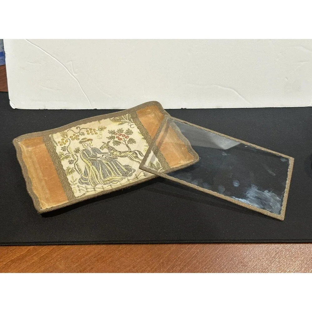 Antique Schreibmayr Wood Lace Embroided Fabric Glass Letter Trinket Jewelry Tray